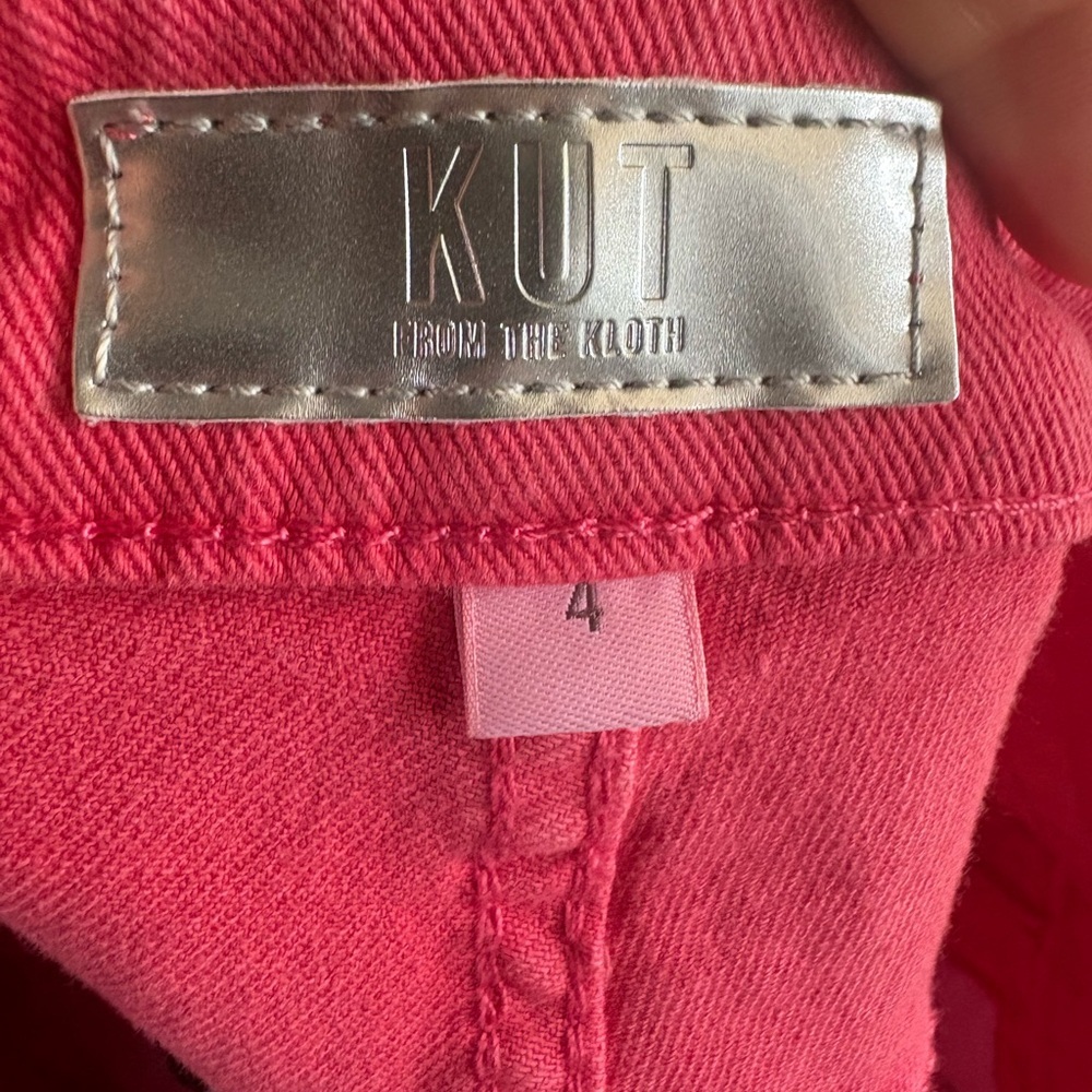 Kut from the Kloth Jane high rise watermelon red Frayed Hem Denim Shorts sz 4 - Picture 4 of 8